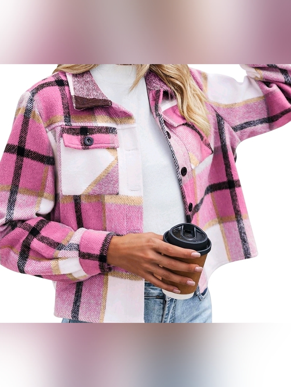 zeagoo Pink Plaid Button-Front Shacket